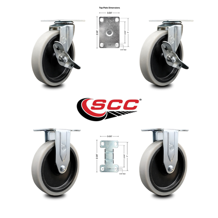 Service Caster 5 Inch Thermoplastic Wheel Top Plate Caster Set with 2 Brakes 2 Rigid SCC SCC-05S510-TPRS-SLB-2-R-2